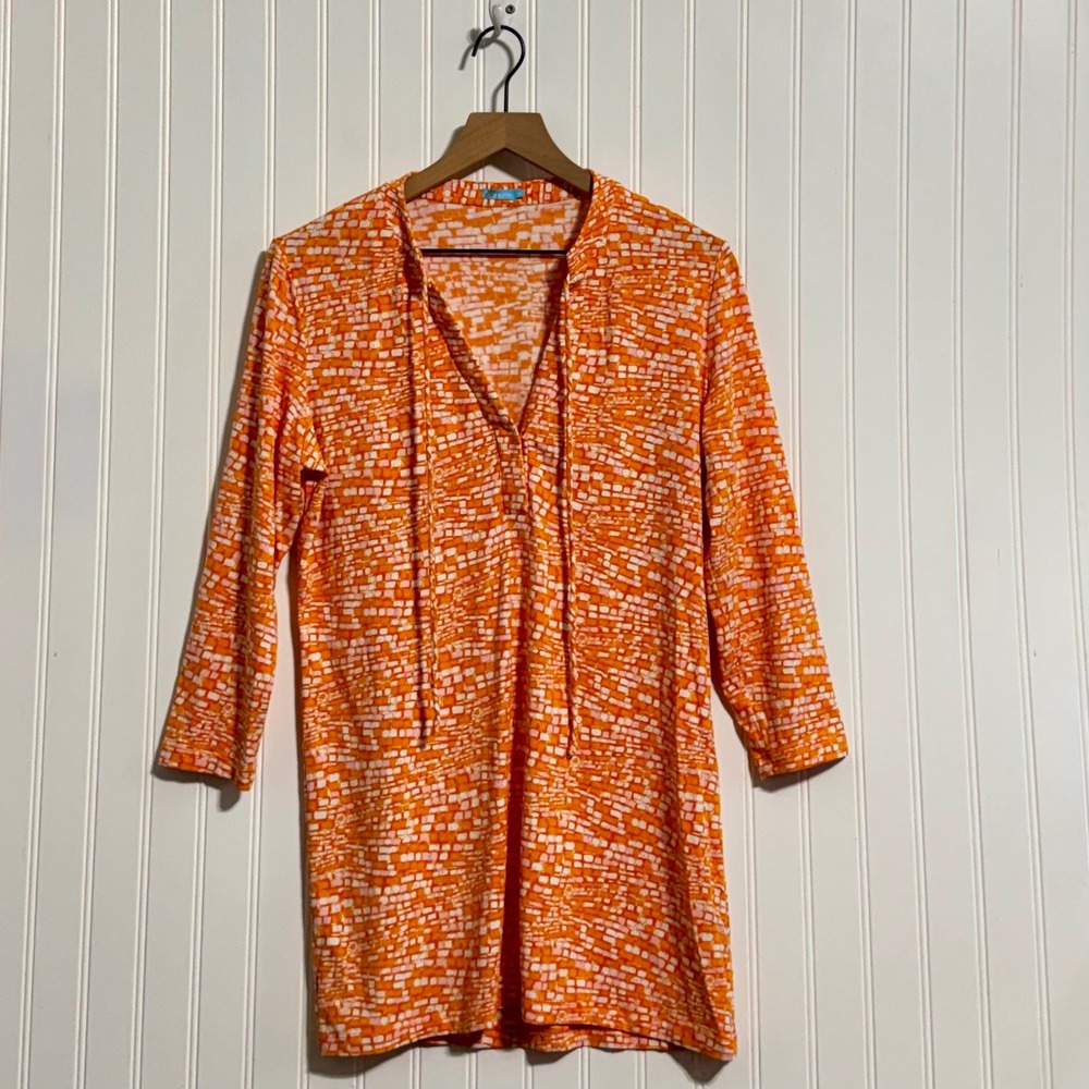 J. McLaughlin Womens M Tunic Dress Cotton Blend Orange Geometric Preppy Resort